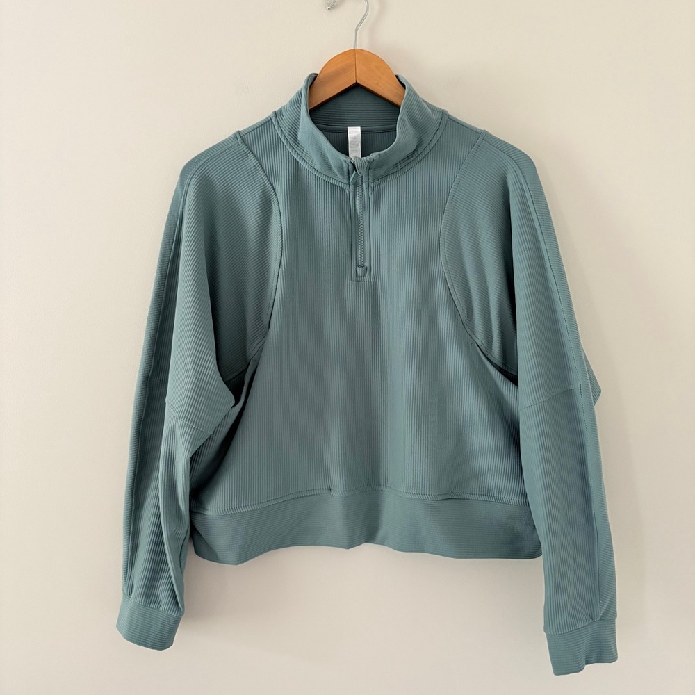 Zella Pullover Cropped Ottoman Ribbed Large Green 1/4 Zip Mock Neck Pockets